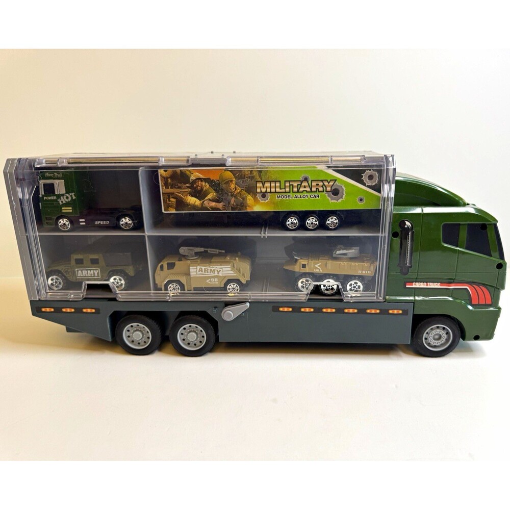 Green Military Carrier Truck Toy Set with 8 Mini Army Vehicles & Trailer
